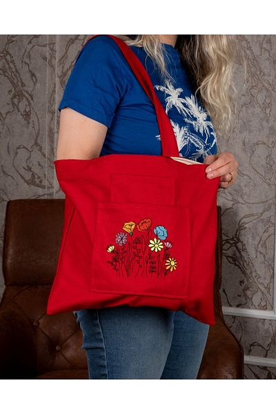 Wings Of Simurg Butikmutik - Red Embroidered Ferret Garden Zippered Canvas Tote Bag and Wallet