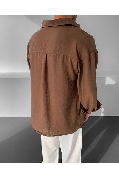 NO1 KONSEPT Cămașă oversize cu mânecă lungă din in maro