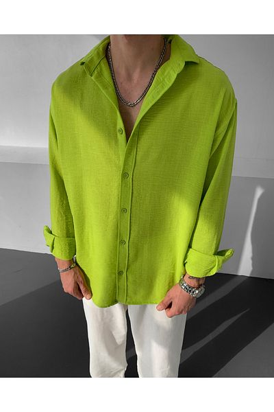 NO1 KONSEPT Pistachio Green Linen Long Sleeve Oversize Shirt