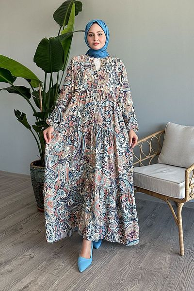 InStyle Синя рокля от вискоза - шарка с балонен ръкав и шал
