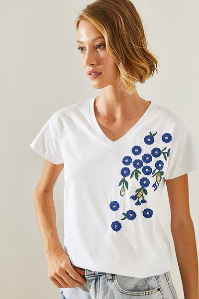 Bianco Lucci Tricou de damă cu paiete cu decolteu în V cu model violet violet - 60251474