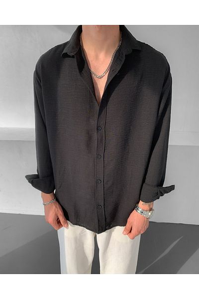 NO1 KONSEPT Cămașă oversize cu mânecă lungă din in negru