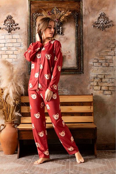 Sude HOMEWEAR Bear Patterned Combed Fabric Shirt Long Sleeve Pajama Set