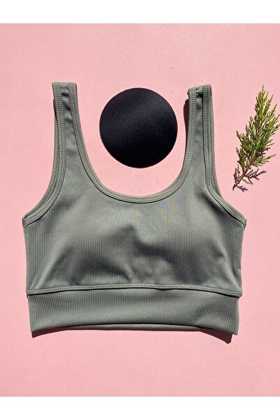 LEYNA BUTİK Women's 3-Piece Corded Fabric Thick Strap Blouse with Removable Pads-Half Tank Top (Green-Black-Stone Gray)