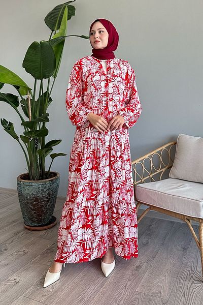 InStyle Red Viscose Tropical Balloon Sleeve Dress