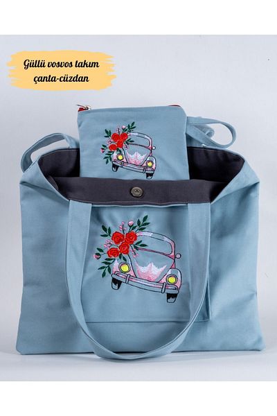 Wings Of Simurg Butikmutik - Mint Colored Embroidered Canvas Tote Bag and Wallet, Zippered
