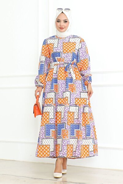 Bestenur Lilac Linen Dress - Mixed Pattern 1095