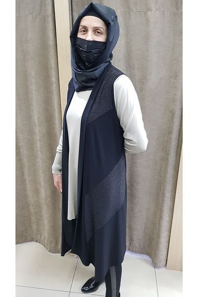 HESNA Women's Sandy Fabric Glitter Detailed Long Black Vest