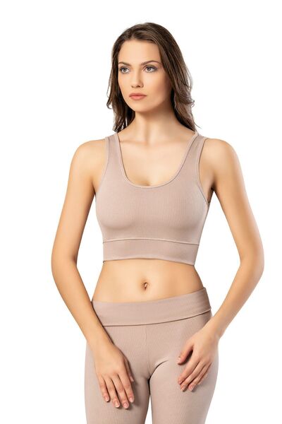 LEYNA BUTİK Women's 2 Pieces Ribbed Fabric Blouse with Thick Straps and Removable Pads - Half Undershirt (Stone Grey-Black)