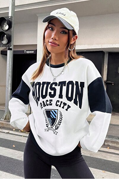 MODAGEN Houston Printed Unisex Oversize φούτερ - Λεπτομέρεια μανίκι σε λευκό Navy Blue, Crew Neck