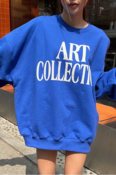 MODAGEN Hanorac unisex, albastru, oversize, cu guler rotund - cu imprimeu col...