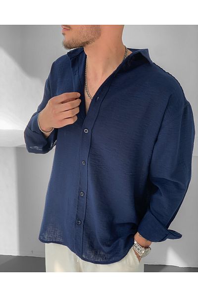 NO1 KONSEPT Cămașă oversize cu mânecă lungă din in bleumarin