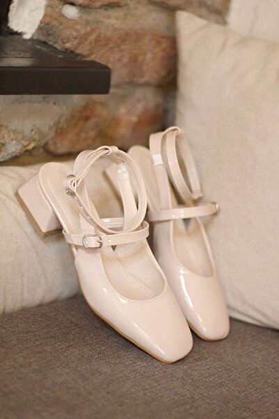 Minaj Store Mary Jane Nude Patent Leather Ankle Short Heeled Women's Heeled Shoes