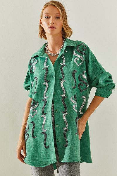 Bianco Lucci Stone Detailed Embroidered Women's Oversize Shirt - 60251032