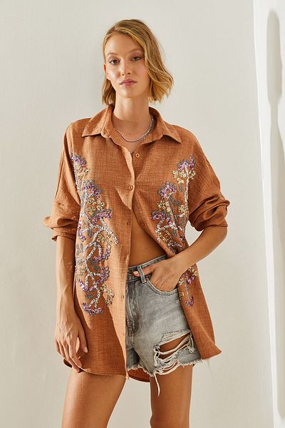Bianco Lucci Stone Embroidered Flower Patterned Oversize Women's Shirt - 5946 60251478