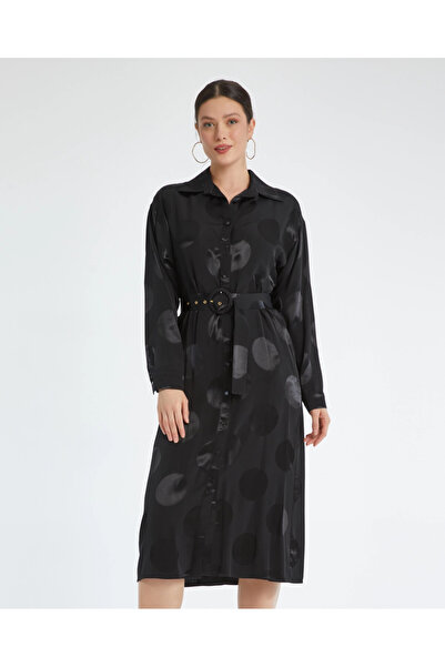 SERPİL Belden Kemerli Puantiyeli Gömlek Yaka Siyah Saten Elbise 40349