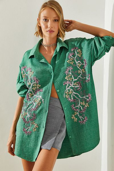 Bianco Lucci Stone Embroidered Flower Patterned Oversize Women's Shirt - 5946 60251478