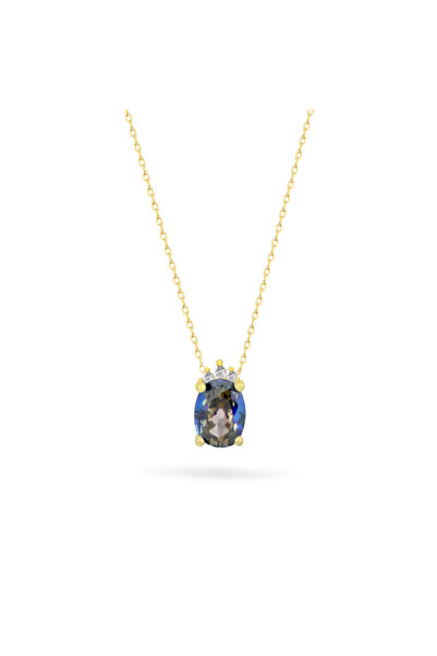 Silveranka 925 Ayar Gümüş Blue Topaz Oval Taşlı Trend Kolye