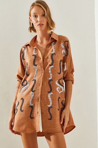 Bianco Lucci Koszula damska oversize z haftem Stone Detailed - 60251032