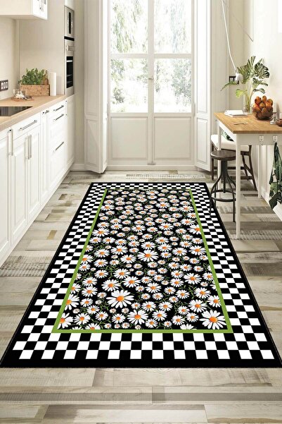 Viva Home Kaymaz Tabanlı Yıkanabilir Papatyalı Mutfak Halısı Yolluk VH096