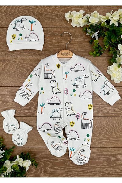 PATSAN Organic Cotton 3-Piece Baby Rompers Set with Gloves, Hat and Booties Dinosaurs