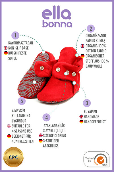 Ella Bonna Protiskluzové pantofle pro kojence a děti, domácí a školní botičky z organické bavlny