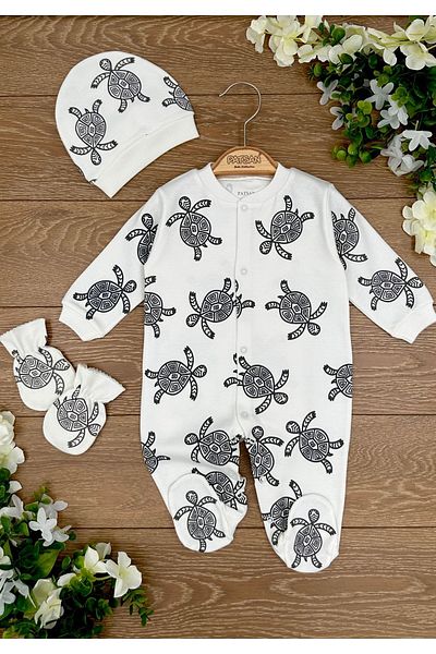 PATSAN Organic Cotton 3-Piece Baby Rompers Set with Gloves, Hat and Booties Turtle Caretta Caretta