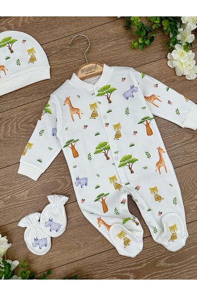 PATSAN Organic Cotton 3-Piece Baby Rompers Set with Gloves, Hat and Booties Amazon Giraffe Leopard Rhino