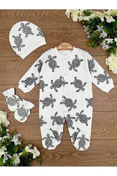 PATSAN Organic Cotton 3-Piece Baby Rompers Set with Gloves, Hat and Booties Turtle Caretta Caretta