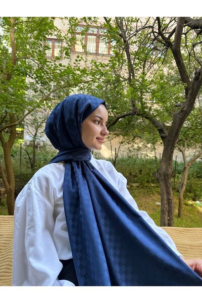 shalby الحجاب حريري القطن الجاكار نمط الشطرنج الصغيرة شال الأزرق الداكن