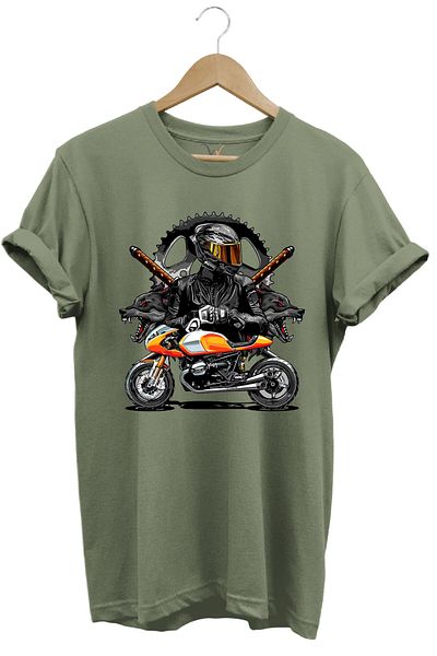 WİDİ Μοτοσικλέτα Χακί Μπλουζάκι Katana Motor Wolf And Biker με στάμπα κανονική εφαρμογή 100% βαμβακερό μπλουζάκι χακί