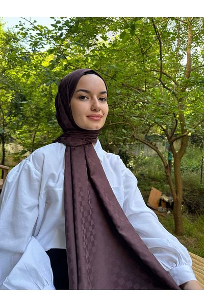 shalby Hijab Silky Cotton Jacquard Small Checker Pattern Shawl Bitter Brown