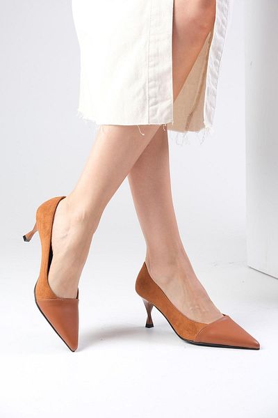 Mio Gusto Lina Tan Color Suede and Leather Combination Heeled Women's Shoes