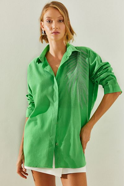 Bianco Lucci Oversize γυναικείο πουκάμισο - πέτρινο λεπτομερές, μοντέλο 5906 60251485