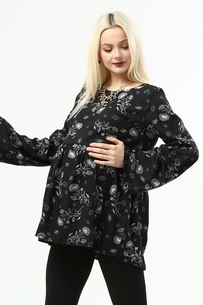 LadyMina Pijama Pregnant and Maternity Blue Floral Patterned Black Shirt