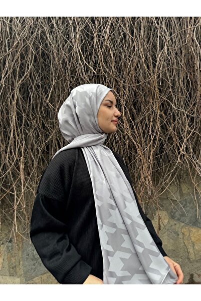 shalby Hijab Silky Cotton Jacquard Large Houndstooth Patterned Shawl Silver