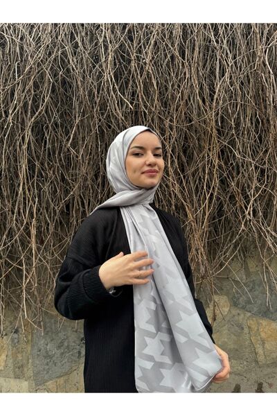 shalby Hijab Silky Cotton Jacquard Large Houndstooth Patterned Shawl Silver