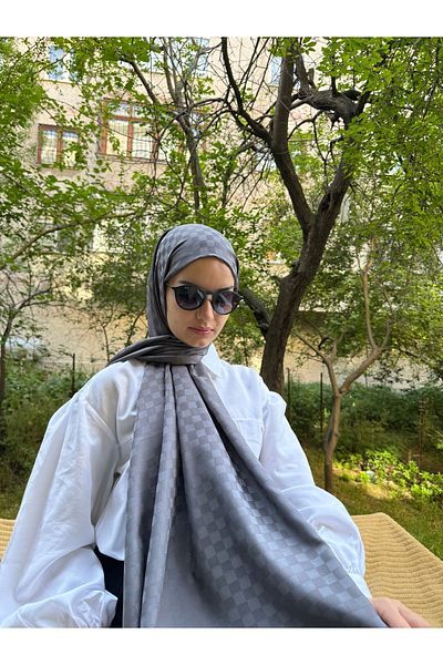 shalby Hijab Silky Cotton Jacquard Small Checker Pattern Shawl Anthracite