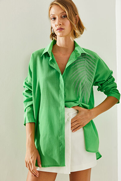 Bianco Lucci Oversize γυναικείο πουκάμισο - πέτρινο λεπτομερές, μοντέλο 5906 60251485