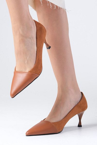 Mio Gusto Lina Tan Color Suede and Leather Combination Heeled Women's Shoes
