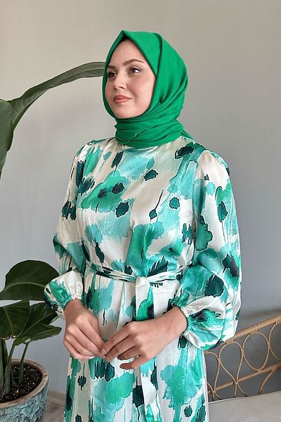 InStyle Green Satin Dress - Floral and Belted