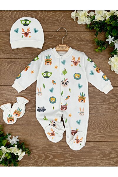 PATSAN Organik Pamuklu 3'lü Eldivenli Şapkalı Patikli Bebek Tulumu Takımı Boh...