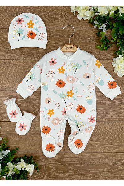 PATSAN Organic Cotton 3-Piece Baby Girl Jumpsuit Set with Gloves, Hat and Booties Floral