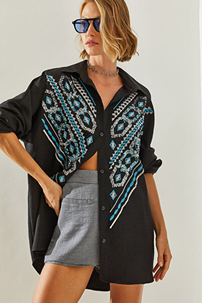 Bianco Lucci قميص نسائي كبير الحجم مطرز بالترتر - 5948 60251481