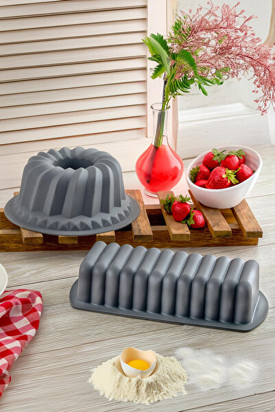 Silicorner طقم قوالب كيك سيليكون أنثراسايت مكون من قطعتين - قالب كيك بيضاوي وشريط