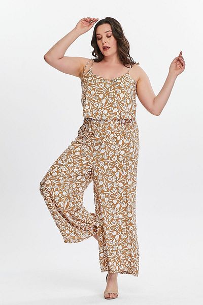 My ELİF Tekstil Women's Camel Floral Print Woven Jumpsuit