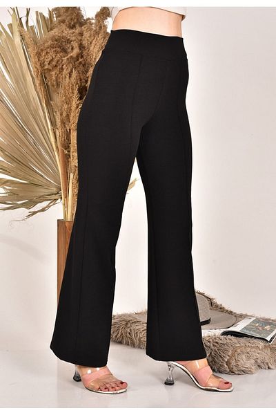 MİRA BUTİK Women's Black High Waist Straw Flared Trousers