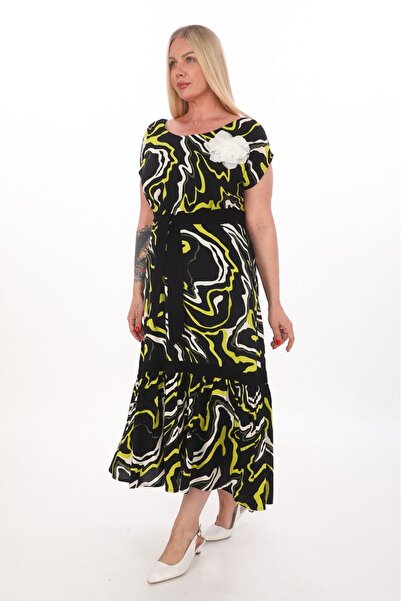 etselements X MODAPO - Colorful Viscose Women's Dress with Belted Rose Accessories