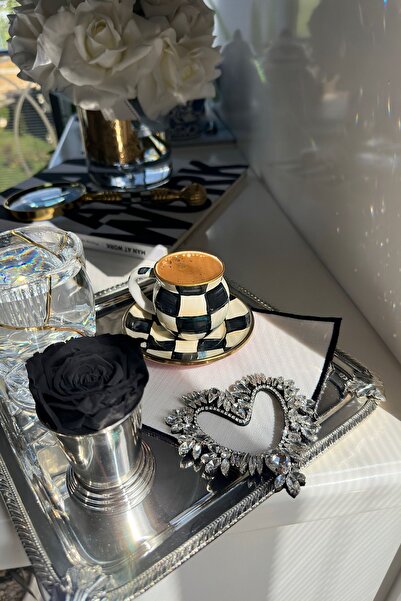 bibashka Siyah Gümüş Kristal Kalp Işlemeli 2li Kahve Peçetesi