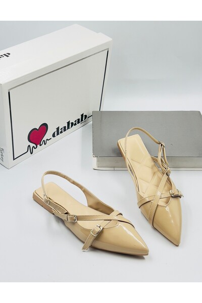DABAB AYAKKABI Max Jinny Beige Patent Leather - Open Back Pointed Toe Daily Ballerinas